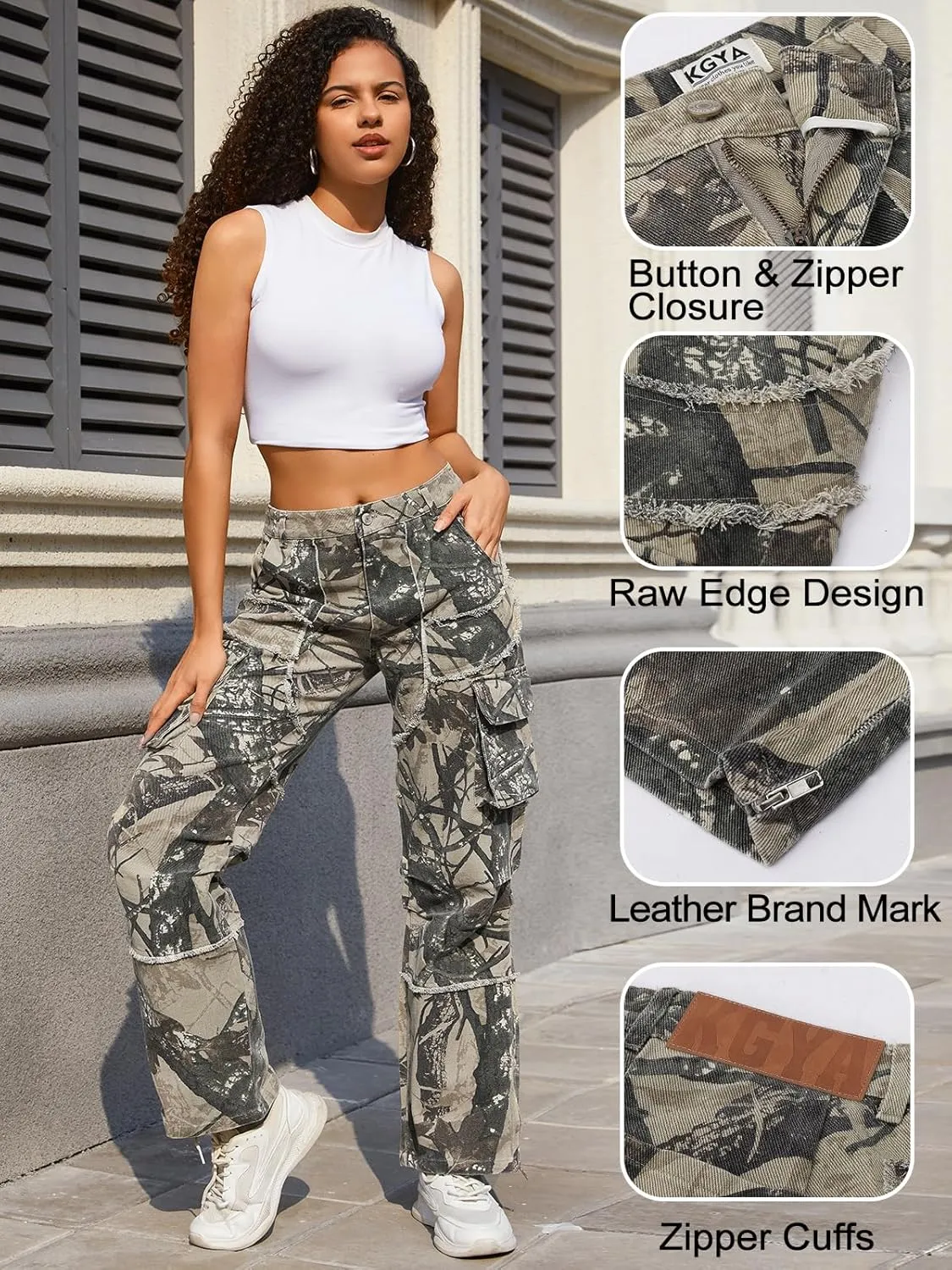 Unisex Camo Cargo Pants, Multi Pockets Raw Edge Oversized Straight Zipper Wide Legs Streetwear for Hip Hop Men Women