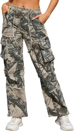 Unisex Camo Cargo Pants, Multi Pockets Raw Edge Oversized Straight Zipper Wide Legs Streetwear for Hip Hop Men Women