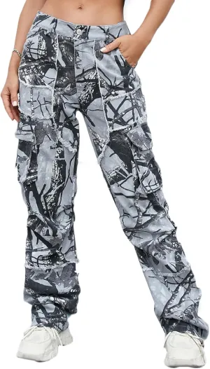 Unisex Camo Cargo Pants, Multi Pockets Raw Edge Oversized Straight Zipper Wide Legs Streetwear for Hip Hop Men Women