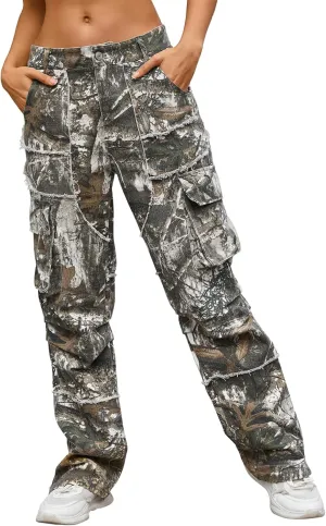 Unisex Camo Cargo Pants, Multi Pockets Raw Edge Oversized Straight Zipper Wide Legs Streetwear for Hip Hop Men Women
