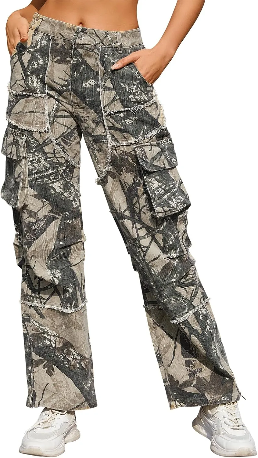 Unisex Camo Cargo Pants, Multi Pockets Raw Edge Oversized Straight Zipper Wide Legs Streetwear for Hip Hop Men Women