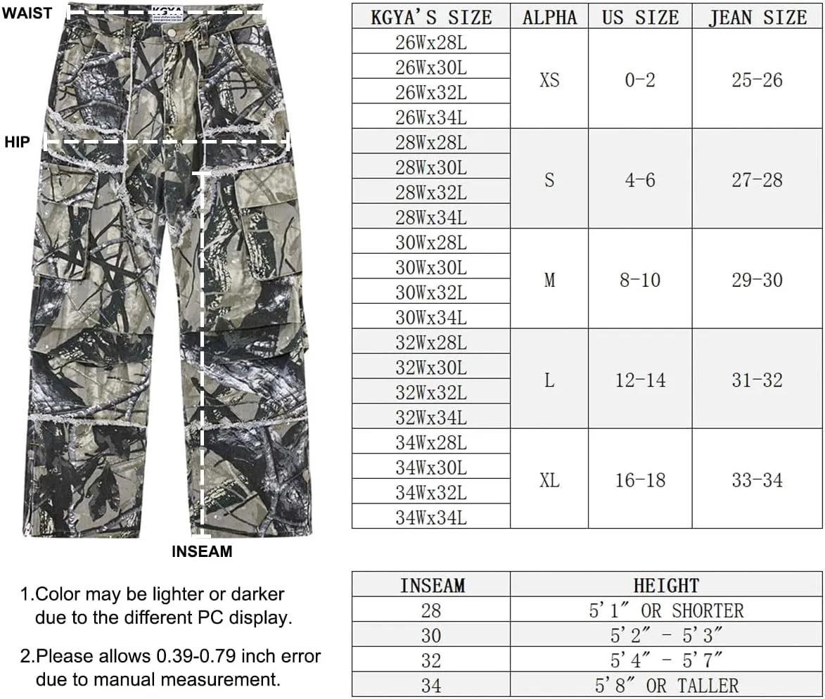 Unisex Camo Cargo Pants, Multi Pockets Raw Edge Oversized Straight Zipper Wide Legs Streetwear for Hip Hop Men Women
