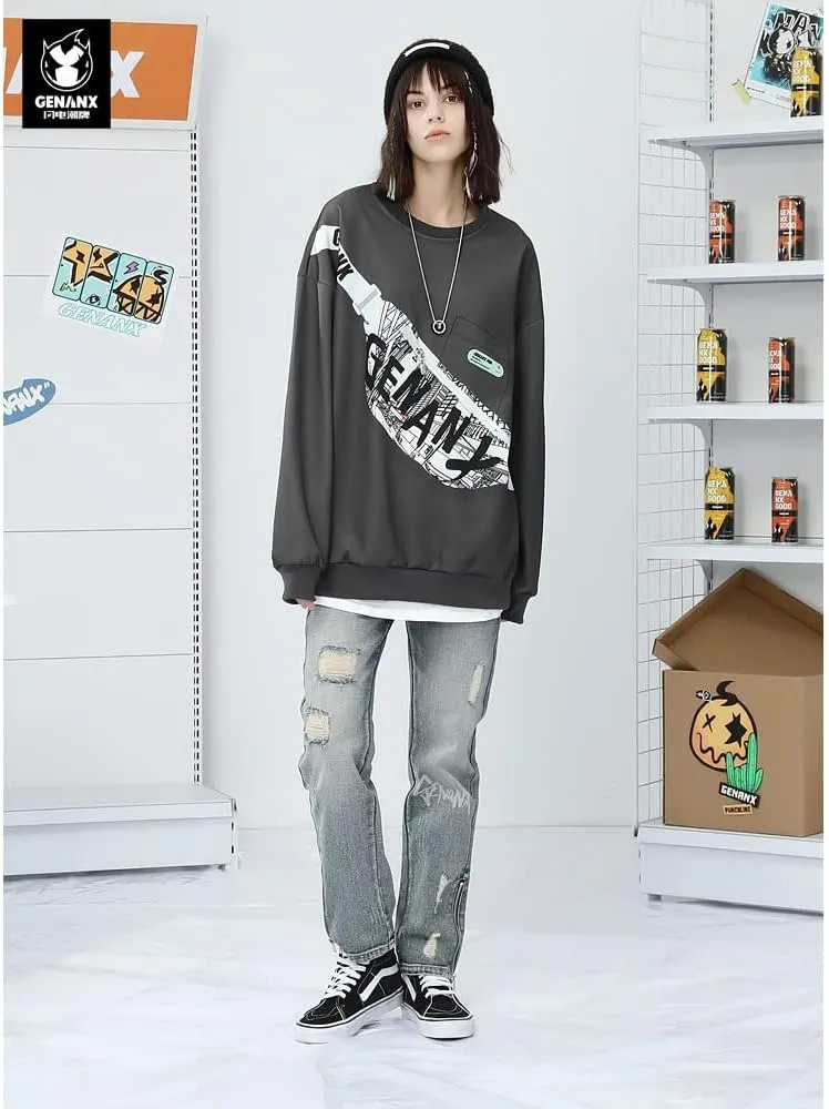 Unisex Graphic Typography Print Loose Fit Pullover Sweatshirt With Removable Bum Bag Crewneck Hoodies