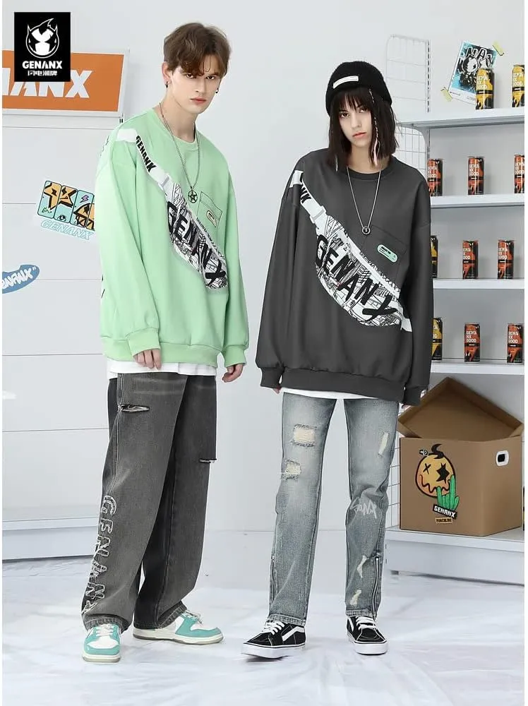 Unisex Graphic Typography Print Loose Fit Pullover Sweatshirt With Removable Bum Bag Crewneck Hoodies