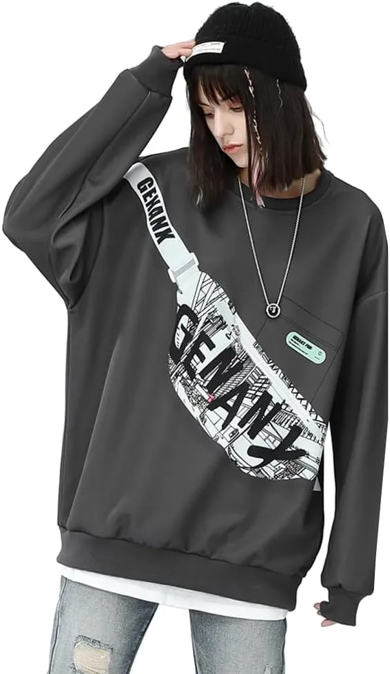 Unisex Graphic Typography Print Loose Fit Pullover Sweatshirt With Removable Bum Bag Crewneck Hoodies