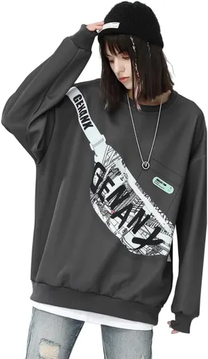 Unisex Graphic Typography Print Loose Fit Pullover Sweatshirt With Removable Bum Bag Crewneck Hoodies