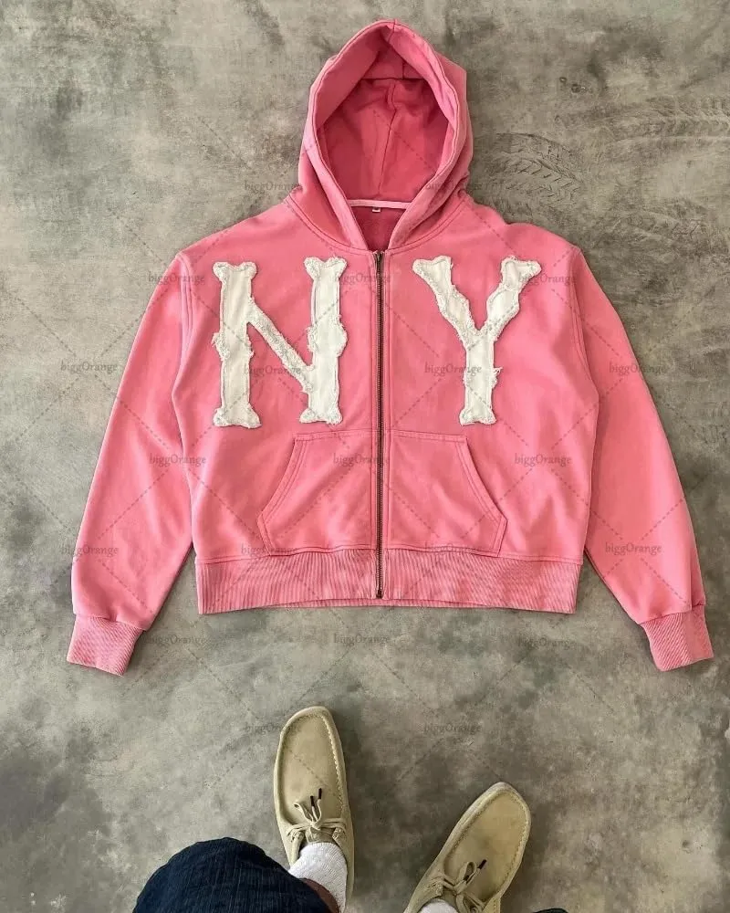 Unisex Letter Embroidery Trendy Hoodies Zip Up Casual Overszie Colorful Y2K Hip Hop Streetwear Harajuku Jacket