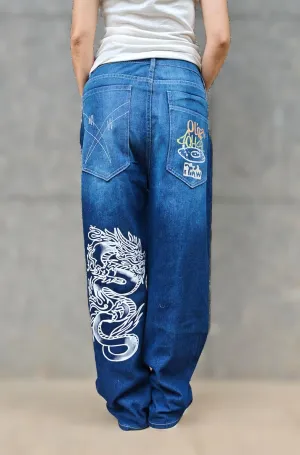 Unisex Y2K Hip-Hop Gothic Jeans Casual Baggy Oversize Streetwear Gragon Print Letter Graphic Retro Denim Pants