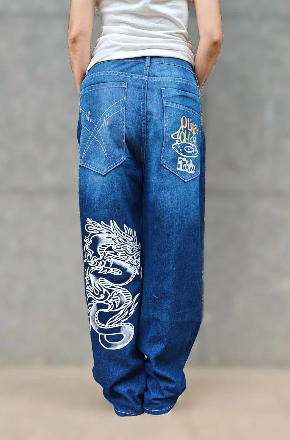 Unisex Y2K Hip-Hop Gothic Jeans Casual Baggy Oversize Streetwear Gragon Print Letter Graphic Retro Denim Pants