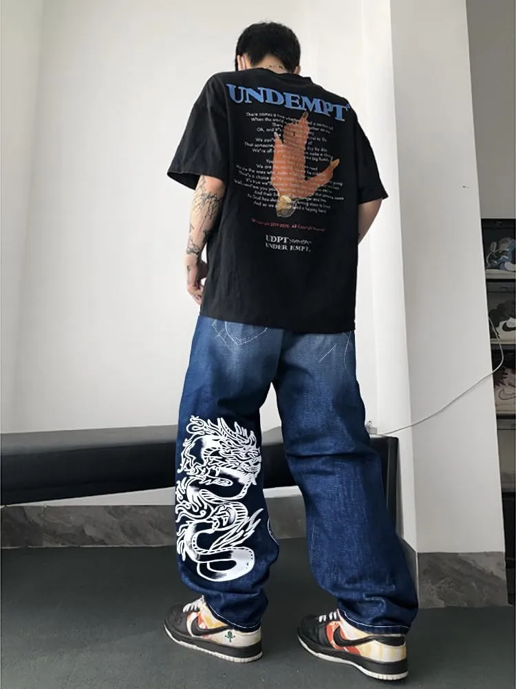 Unisex Y2K Hip Hop Street Jeans Dragon Print Gothic Baggy Jeans Vintage High Waist Denim Jeans Wide Leg Pants