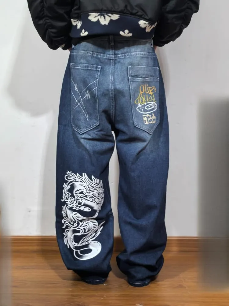 Unisex Y2K Hip Hop Street Jeans Dragon Print Gothic Baggy Jeans Vintage High Waist Denim Jeans Wide Leg Pants