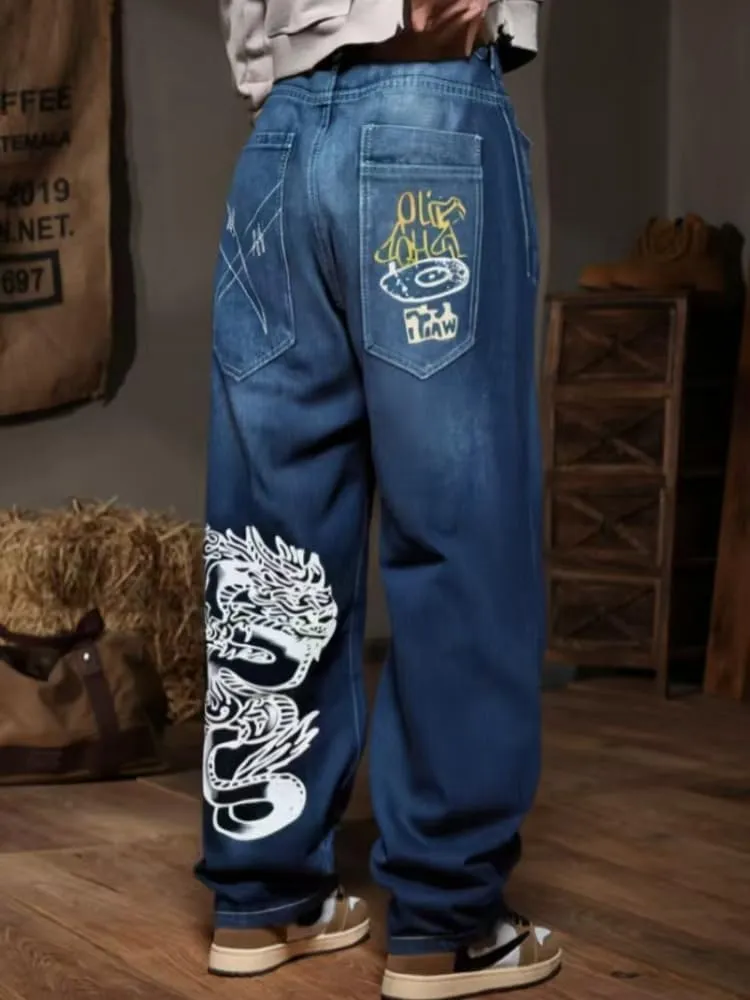 Unisex Y2K Hip Hop Street Jeans Dragon Print Gothic Baggy Jeans Vintage High Waist Denim Jeans Wide Leg Pants