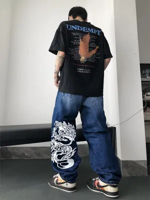 Unisex Y2K Hip Hop Street Jeans Dragon Print Gothic Baggy Jeans Vintage High Waist Denim Jeans Wide Leg Pants