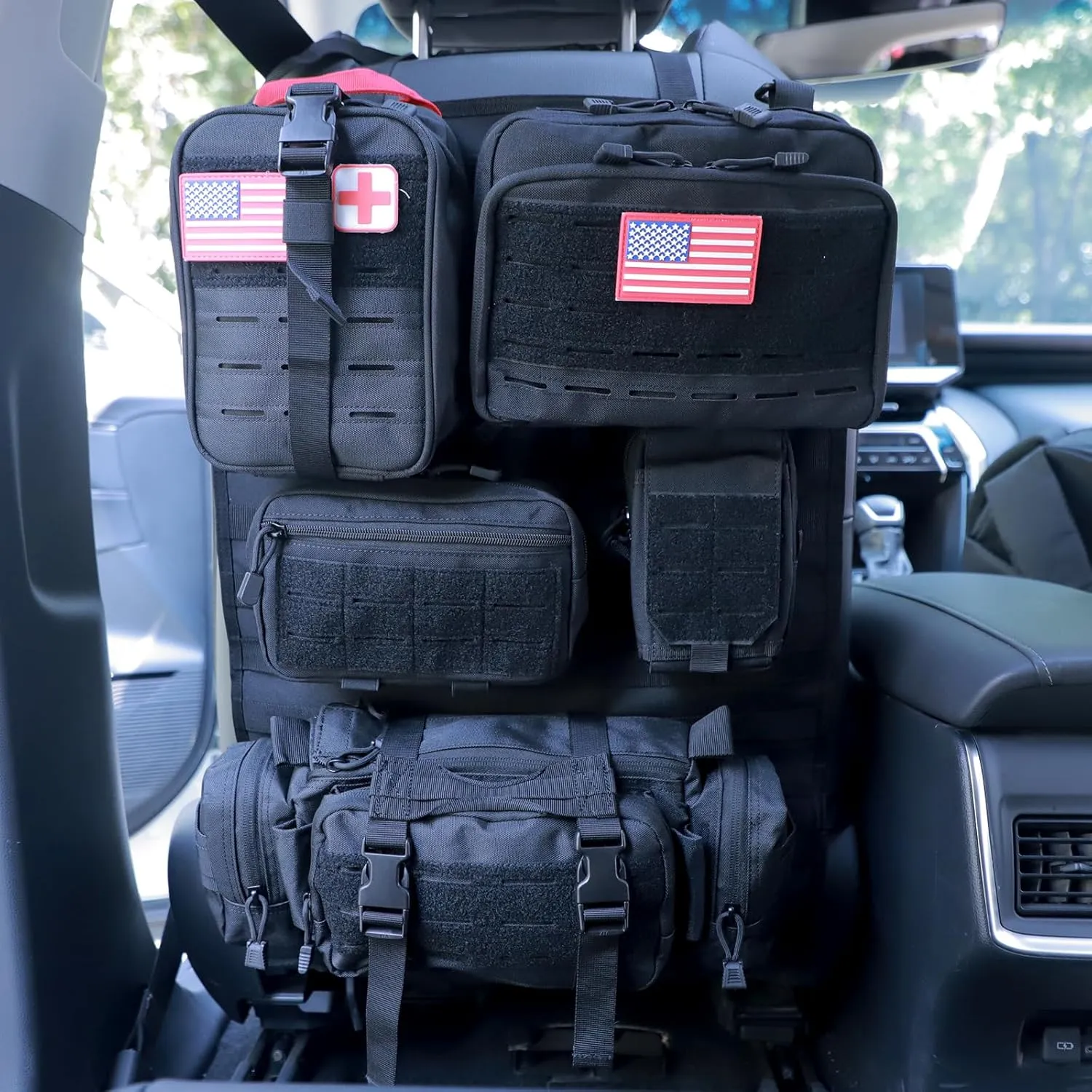Universal Tactical Car Seat Back Organizer Bag Tactical Molle Vehicle Organizers Panel Vehicle Protector Organizers with 5 Detachable Pouches for Car Truck Ford Jeep (Model D-Black)