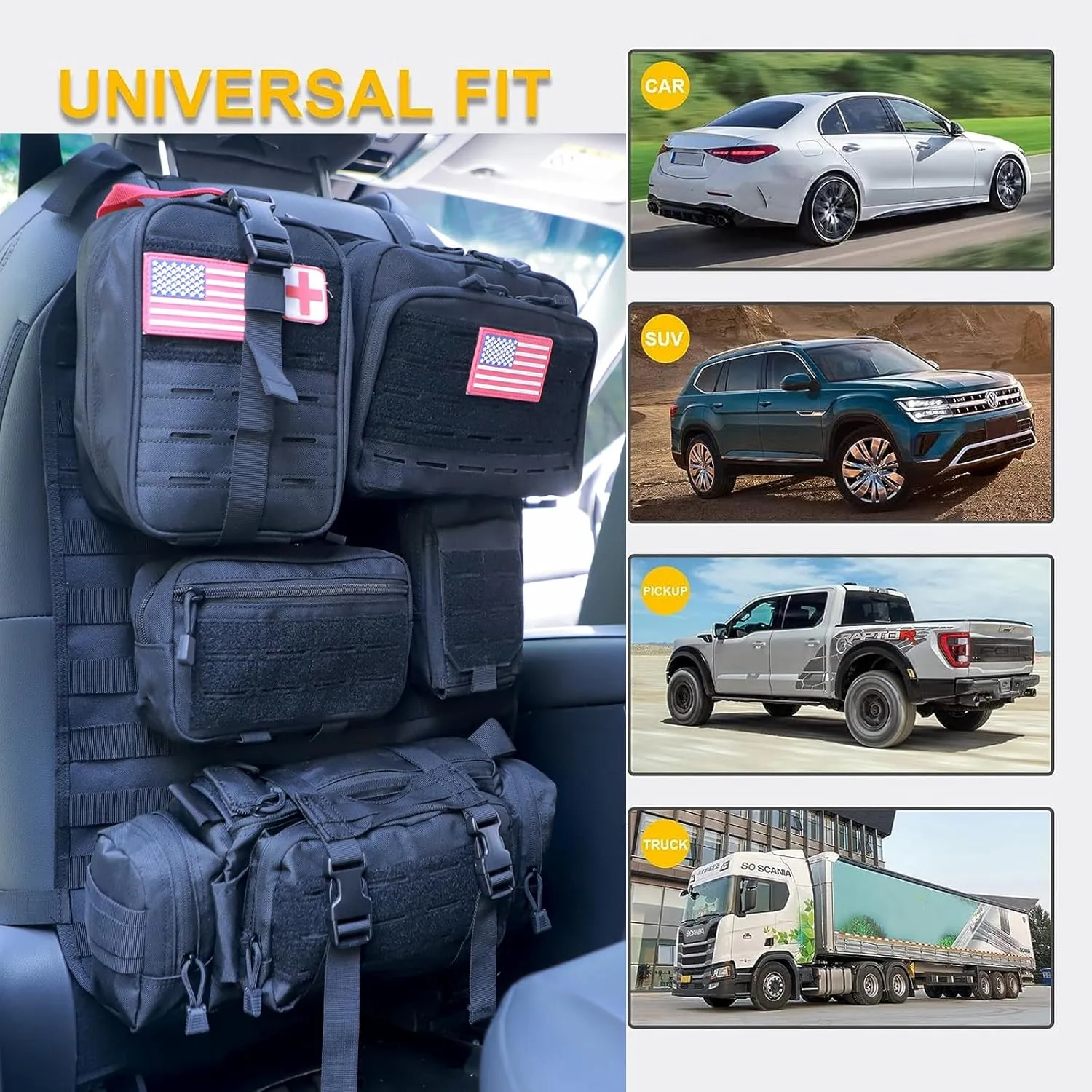 Universal Tactical Car Seat Back Organizer Bag Tactical Molle Vehicle Organizers Panel Vehicle Protector Organizers with 5 Detachable Pouches for Car Truck Ford Jeep (Model D-Black)