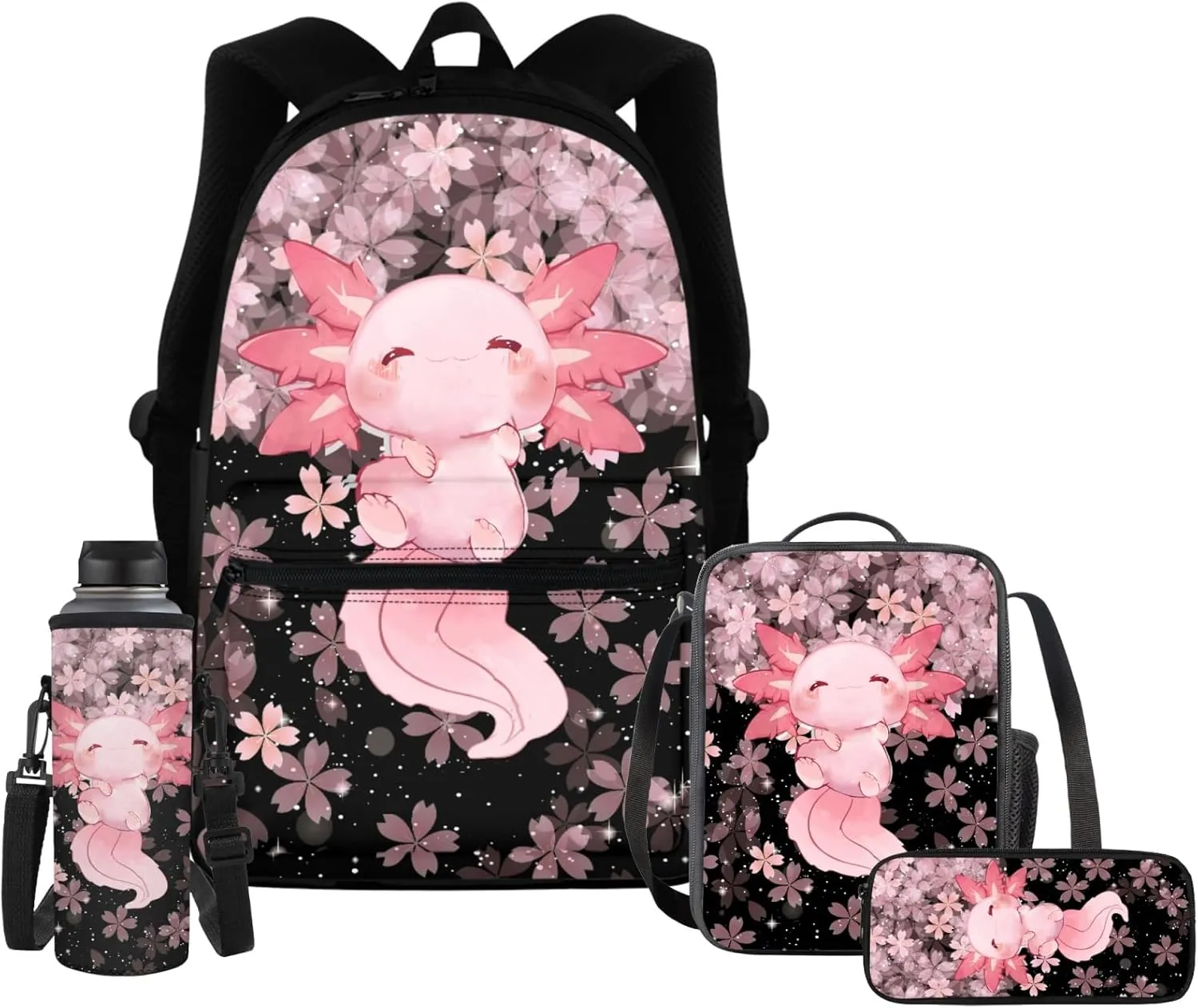 Upetstory Axolotl Backpack for Girls 10-12 Middle School Boys School Bag Set with Lunch Bags 6-8 Cherry Blossom Bookbag Elementary Kindergarten Preschool Schoolbag 4 IN 1