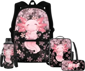 Upetstory Axolotl Backpack for Girls 10-12 Middle School Boys School Bag Set with Lunch Bags 6-8 Cherry Blossom Bookbag Elementary Kindergarten Preschool Schoolbag 4 IN 1