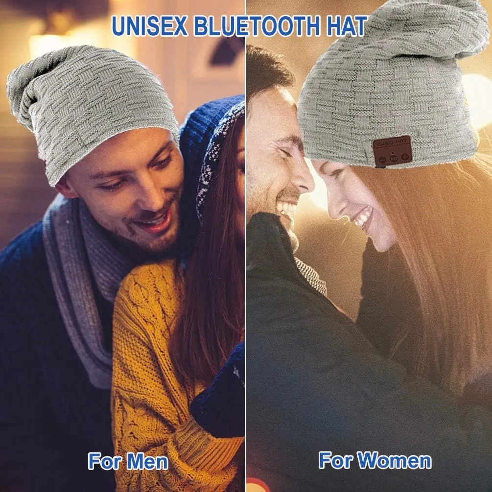 Upgraded 5.0 Wireless Winter Hats Beanie Hat with Headphones Smart Beanie Headset Warm Musical Headphone with Built-in Mic for Skiing Skateboarding Jogging Gift for Men Women Boys Girls Light Grey