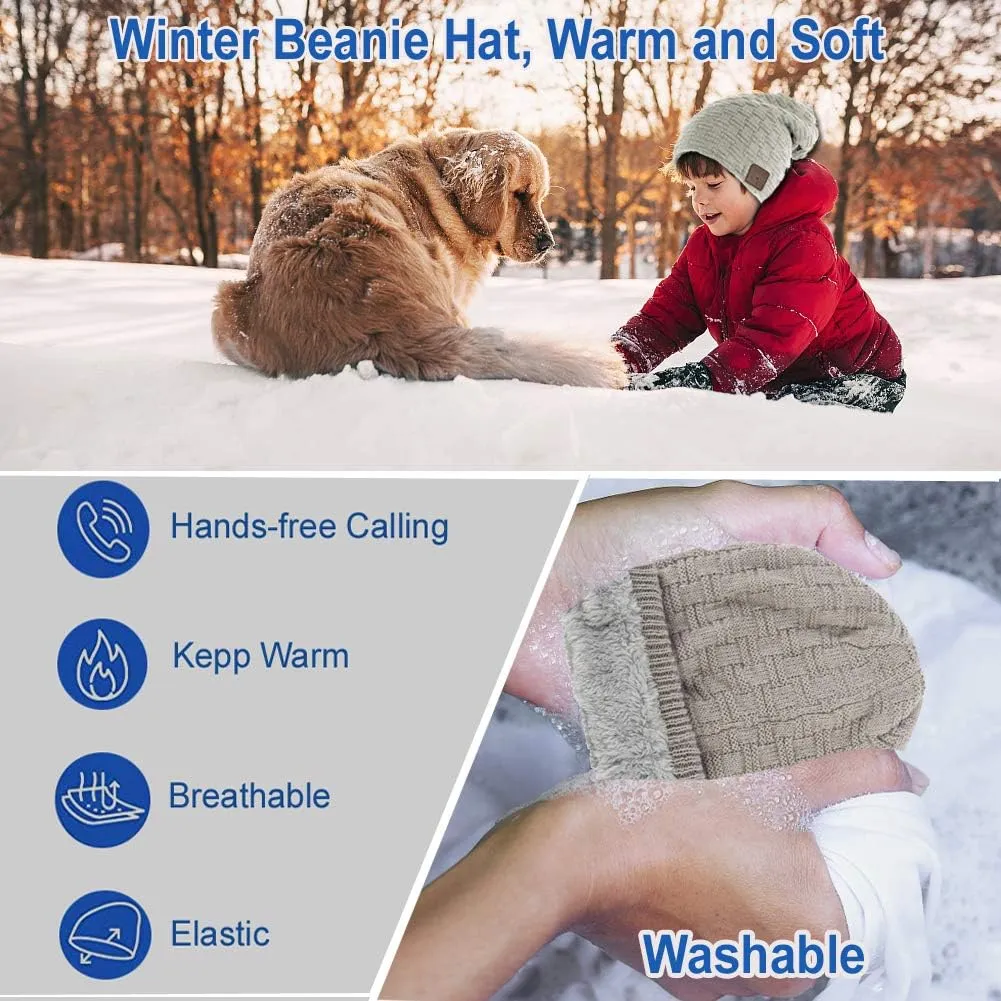 Upgraded 5.0 Wireless Winter Hats Beanie Hat with Headphones Smart Beanie Headset Warm Musical Headphone with Built-in Mic for Skiing Skateboarding Jogging Gift for Men Women Boys Girls Light Grey