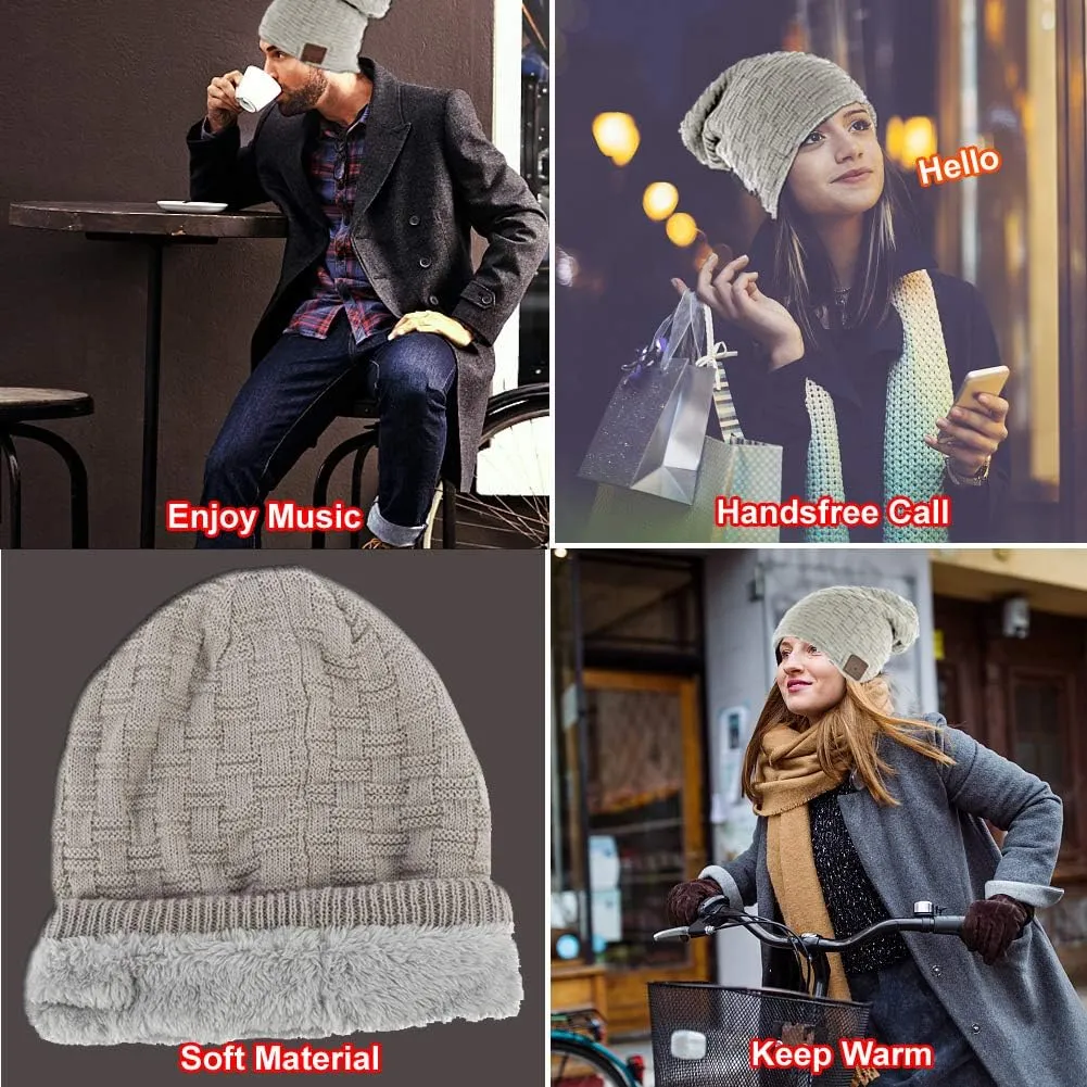 Upgraded 5.0 Wireless Winter Hats Beanie Hat with Headphones Smart Beanie Headset Warm Musical Headphone with Built-in Mic for Skiing Skateboarding Jogging Gift for Men Women Boys Girls Light Grey
