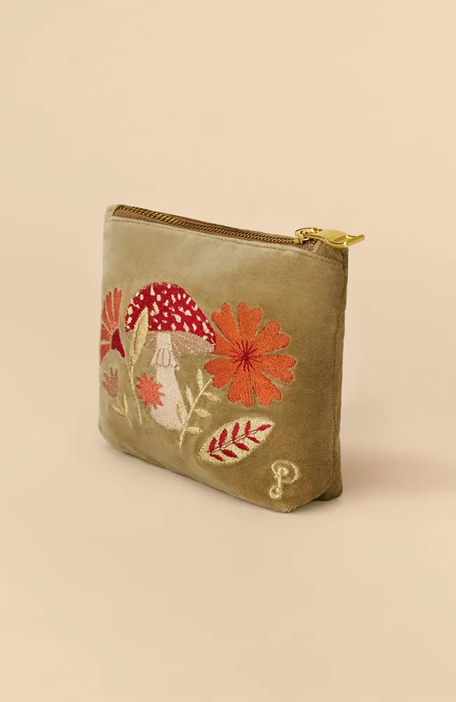 Velvet Embroidered Mini Pouch - Tranquil Toadstool, Sage
