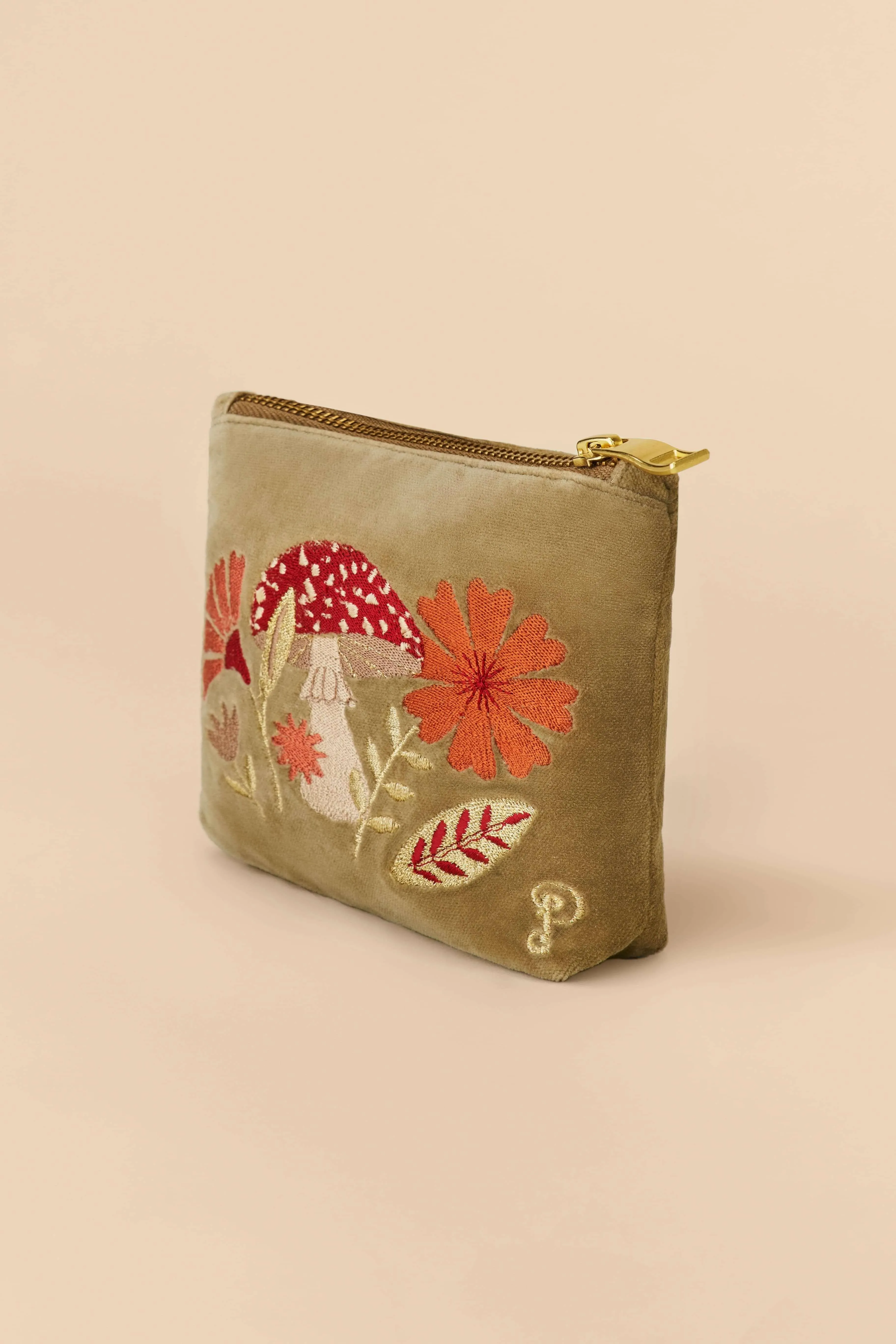 Velvet Embroidered Mini Pouch - Tranquil Toadstool