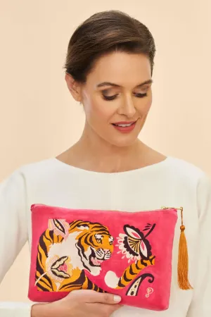 Velvet Embroidered Zip Pouch - Thrill of the Tiger