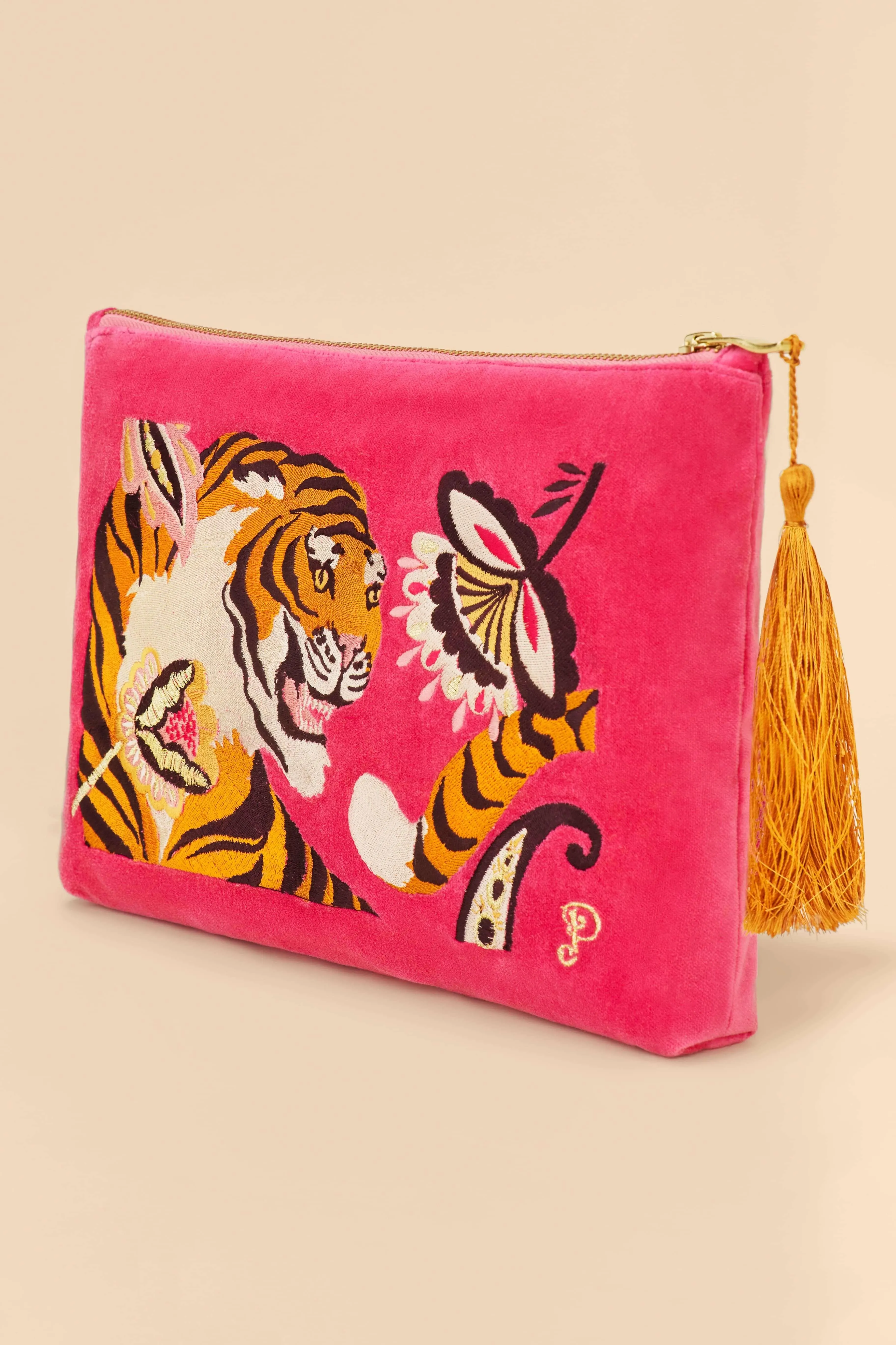 Velvet Embroidered Zip Pouch - Thrill of the Tiger