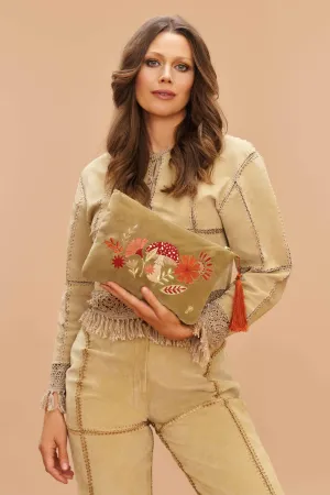 Velvet Embroidered Zip Pouch - Tranquil Toadstool, Sage