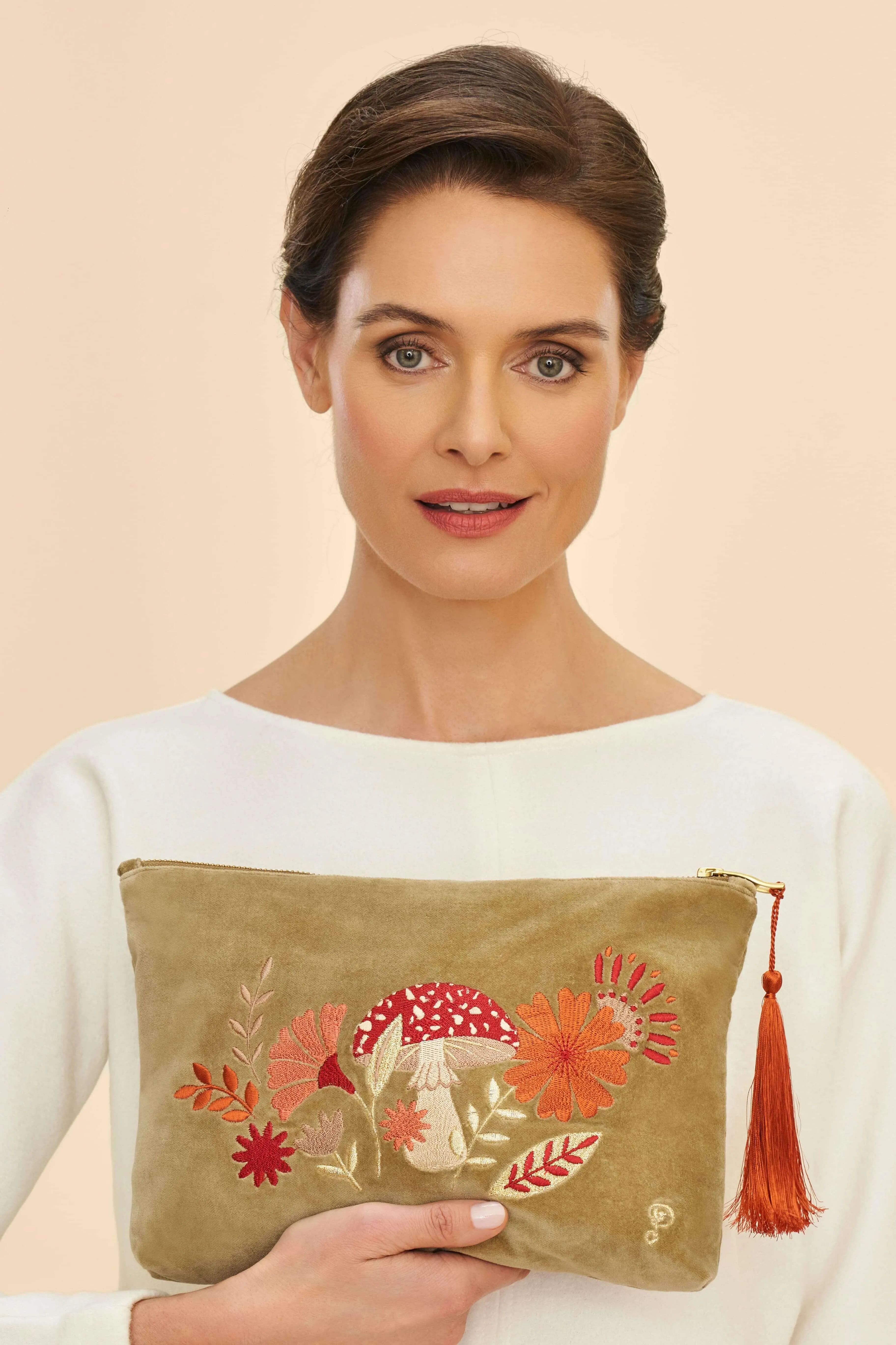 Velvet Embroidered Zip Pouch - Tranquil Toadstool, Sage