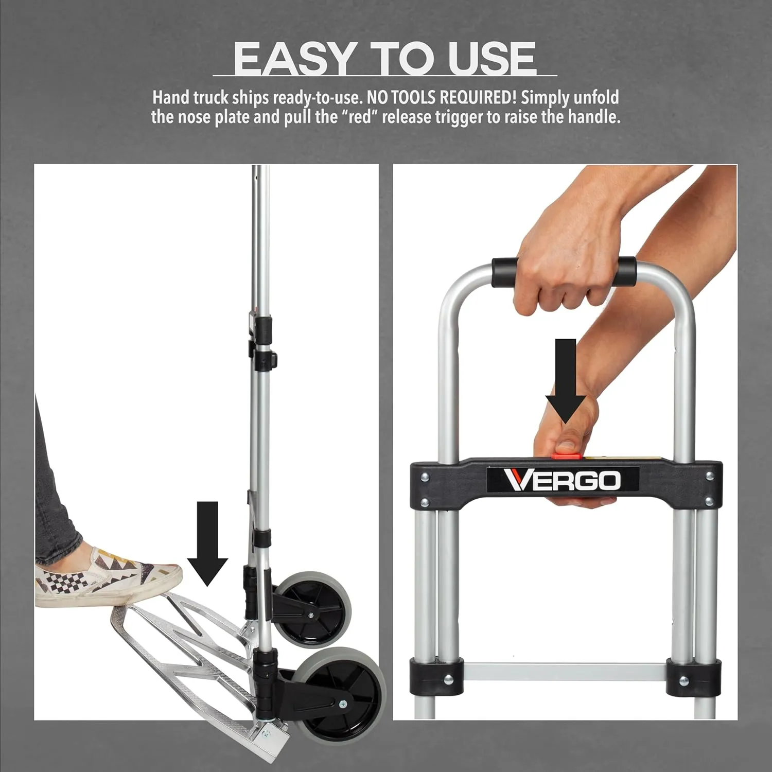 Vergo 275 Ibs Capacity Folding Hand Truck Dolly – Lightweight Aluminum Frame Dolly Cart with 42" Telescoping Handle, Compact Hand Cart with 7” Rubber Wheels - Ideal for Multi-Purpose Use (S300BT)