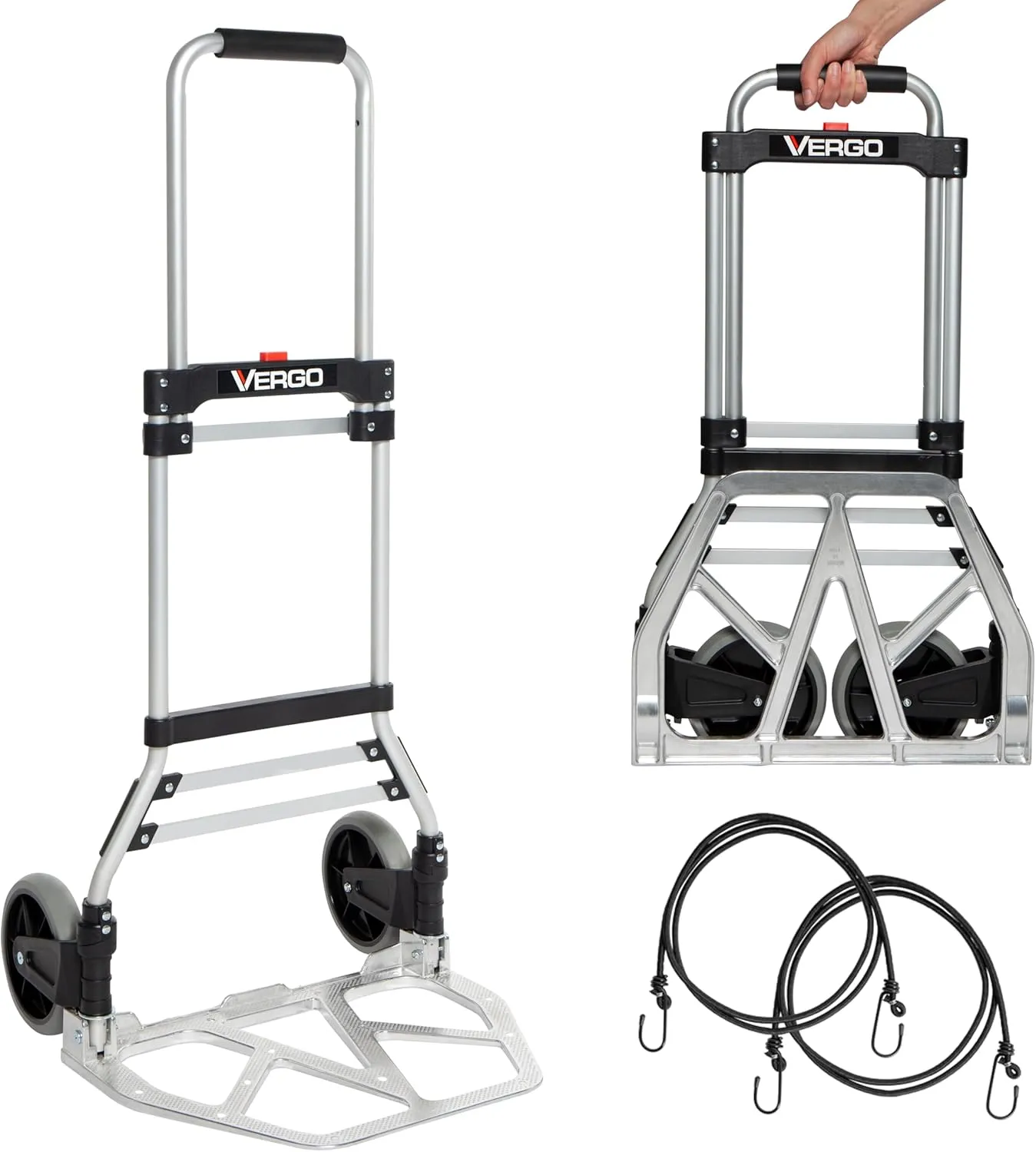 Vergo 275 Ibs Capacity Folding Hand Truck Dolly – Lightweight Aluminum Frame Dolly Cart with 42" Telescoping Handle, Compact Hand Cart with 7” Rubber Wheels - Ideal for Multi-Purpose Use (S300BT)