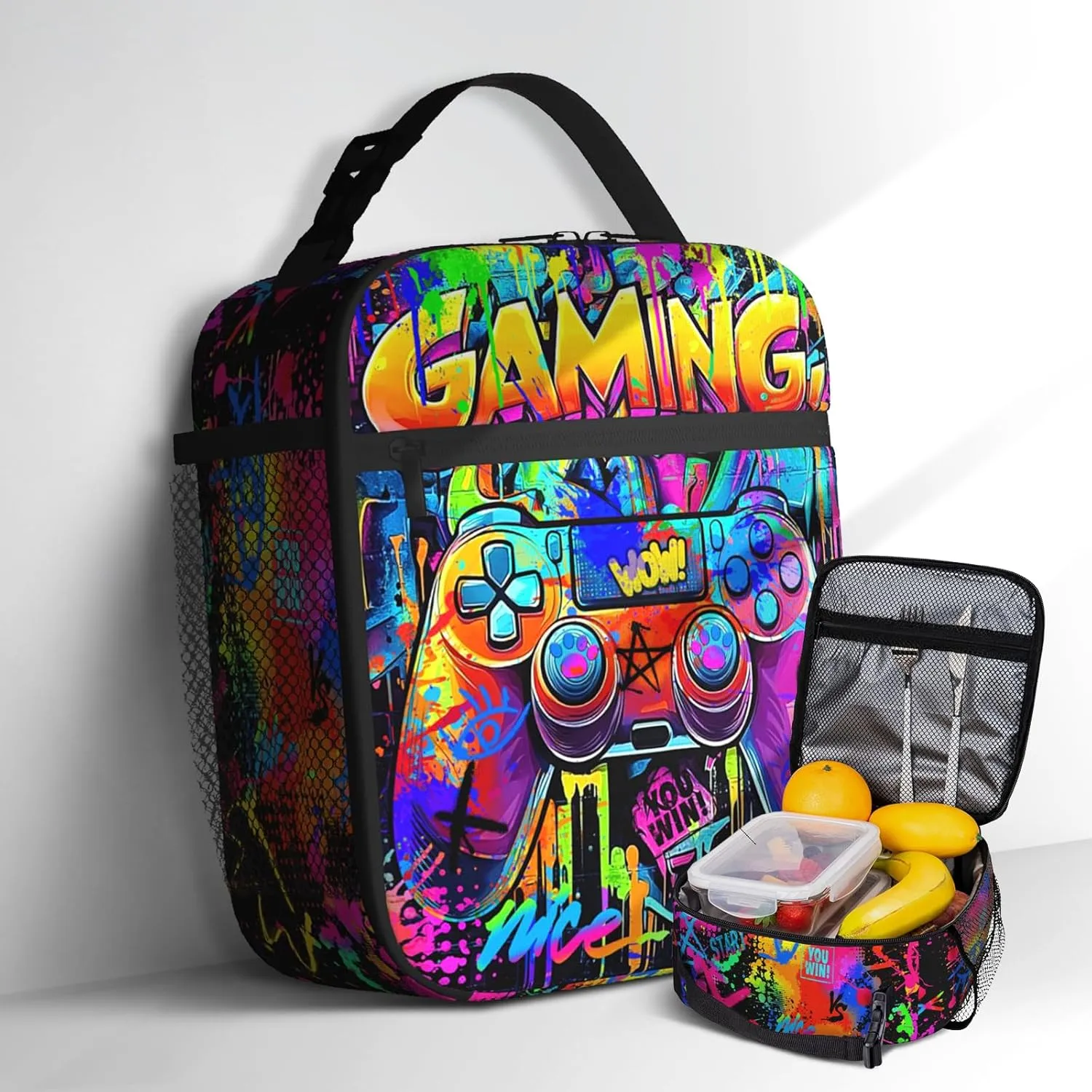Video Game Lunch Box for Boys Girls Kids Graffiti Gamepad Insulated Cooler Reusable Portable Box Cool Game Lunchbox for Picnic Hiking Beach Travel Office Work