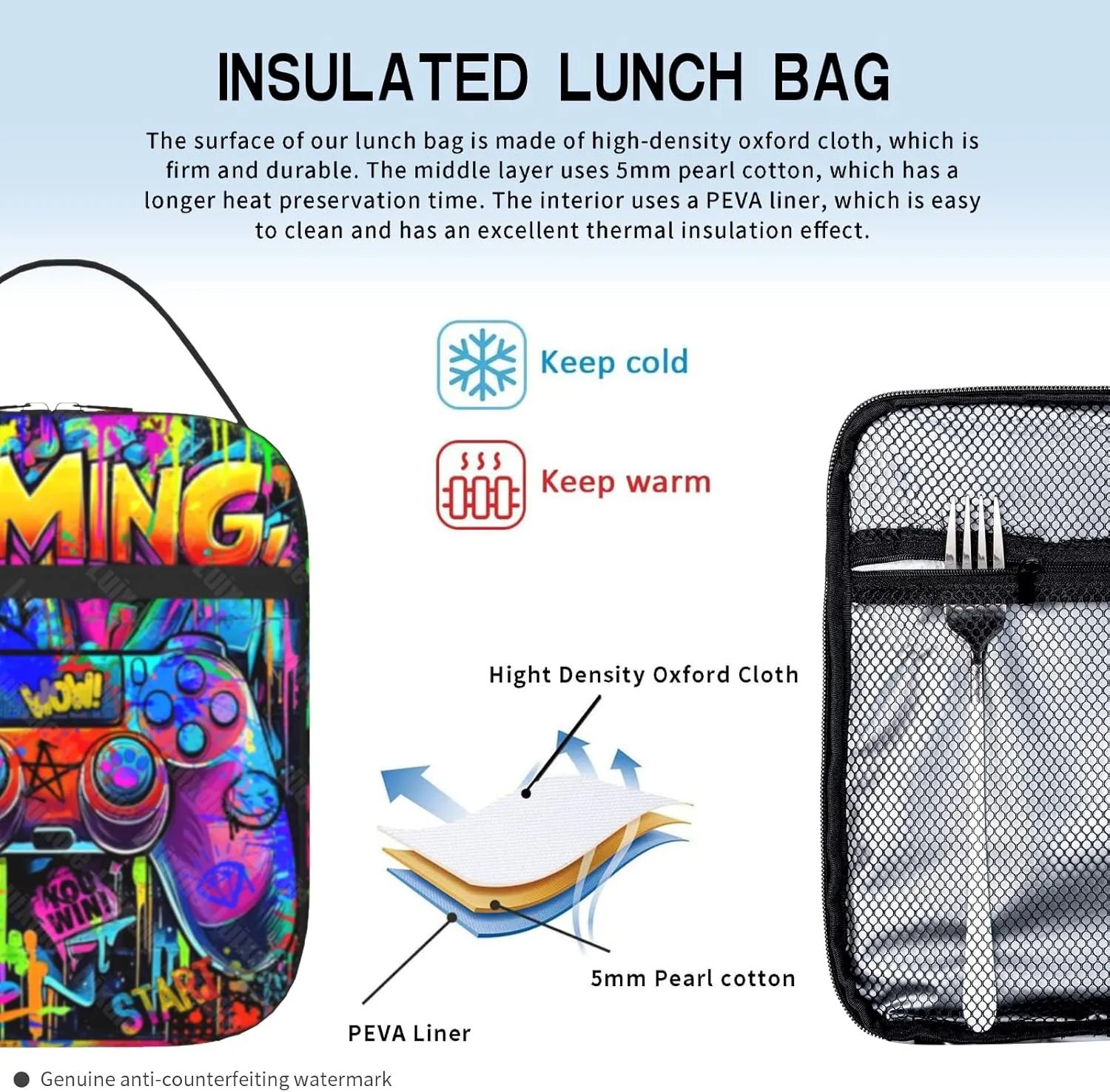 Video Game Lunch Box for Boys Girls Kids Graffiti Gamepad Insulated Cooler Reusable Portable Box Cool Game Lunchbox for Picnic Hiking Beach Travel Office Work