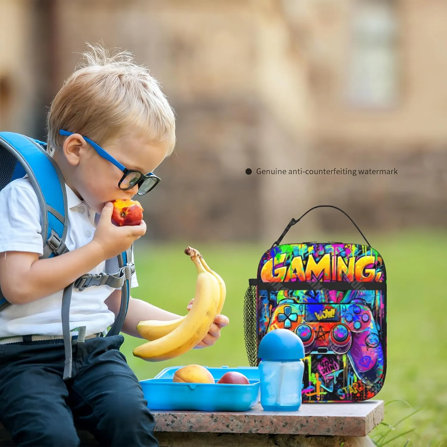 Video Game Lunch Box for Boys Girls Kids Graffiti Gamepad Insulated Cooler Reusable Portable Box Cool Game Lunchbox for Picnic Hiking Beach Travel Office Work