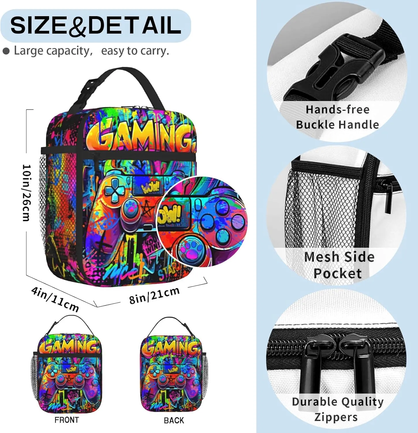Video Game Lunch Box for Boys Girls Kids Graffiti Gamepad Insulated Cooler Reusable Portable Box Cool Game Lunchbox for Picnic Hiking Beach Travel Office Work