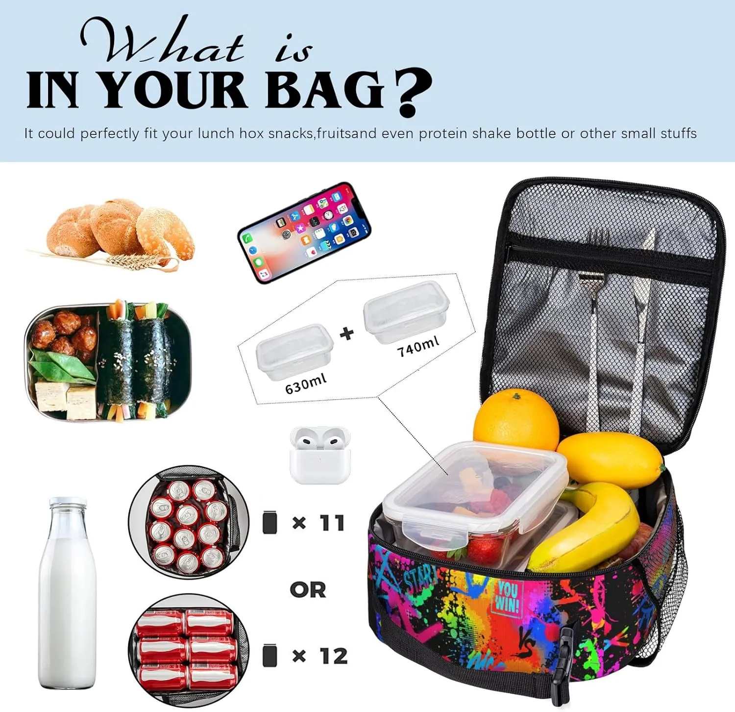 Video Game Lunch Box for Boys Girls Kids Graffiti Gamepad Insulated Cooler Reusable Portable Box Cool Game Lunchbox for Picnic Hiking Beach Travel Office Work