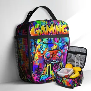 Video Game Lunch Box for Boys Girls Kids Graffiti Gamepad Insulated Cooler Reusable Portable Box Cool Game Lunchbox for Picnic Hiking Beach Travel Office Work