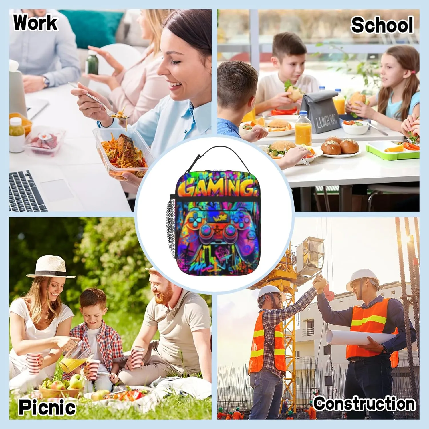 Video Game Lunch Box for Boys Girls Kids Graffiti Gamepad Insulated Cooler Reusable Portable Box Cool Game Lunchbox for Picnic Hiking Beach Travel Office Work