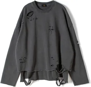 Vintage Streetwear ripped Sweatshirt Men Fashion Autumn Solid Color Oversize Sweatshirt