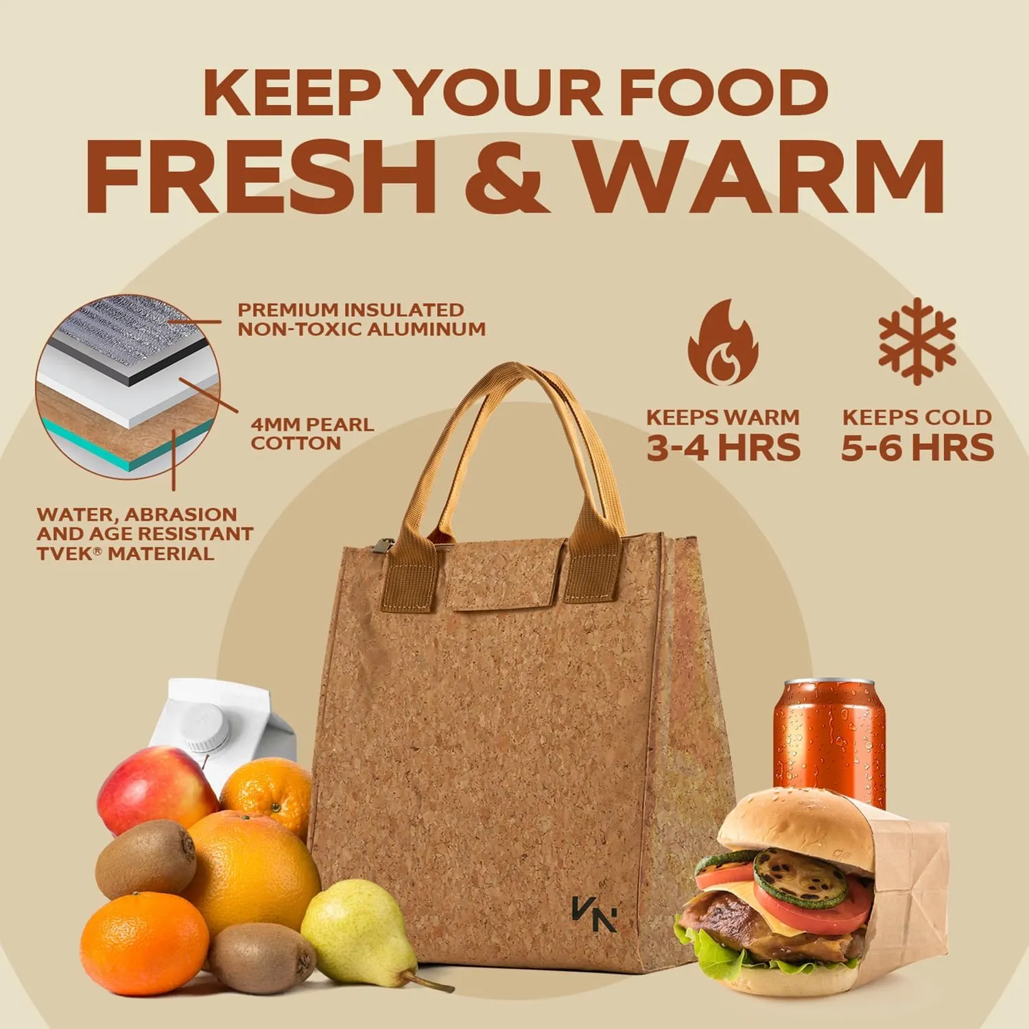 VonNova Insulated Lunch Box for Women, 7L Capacity, Leakproof Lunch Tote Bag, Durable Lunchbox made from Cork Material, Adult Cooler Bag for Work, Picnic, Travel and more (Cork)