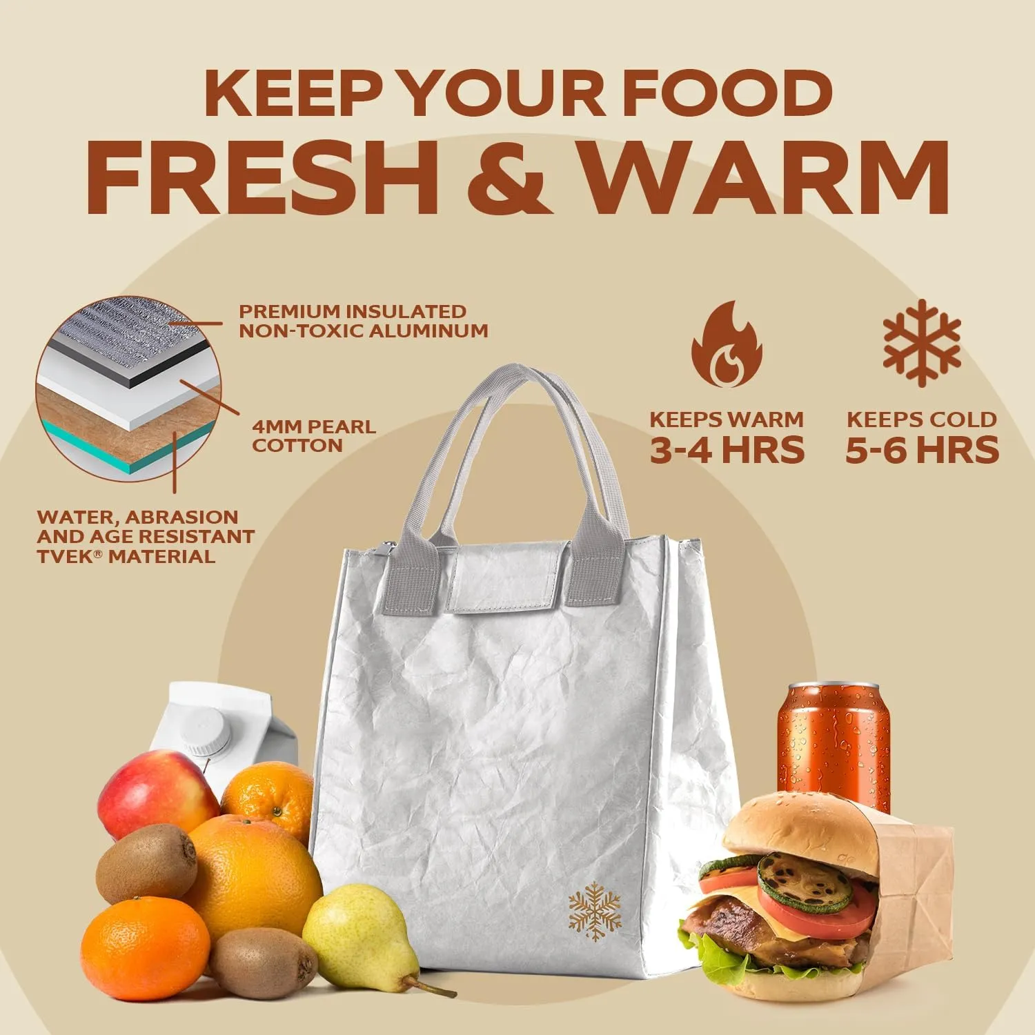 VonNova Insulated Lunch Box for Women, 7L Capacity, Leakproof Lunch Tote Bag, Durable Lunchbox made from Tyvek Material, Adult Cooler Bag for Work, Picnic, Travel and more (Silver)