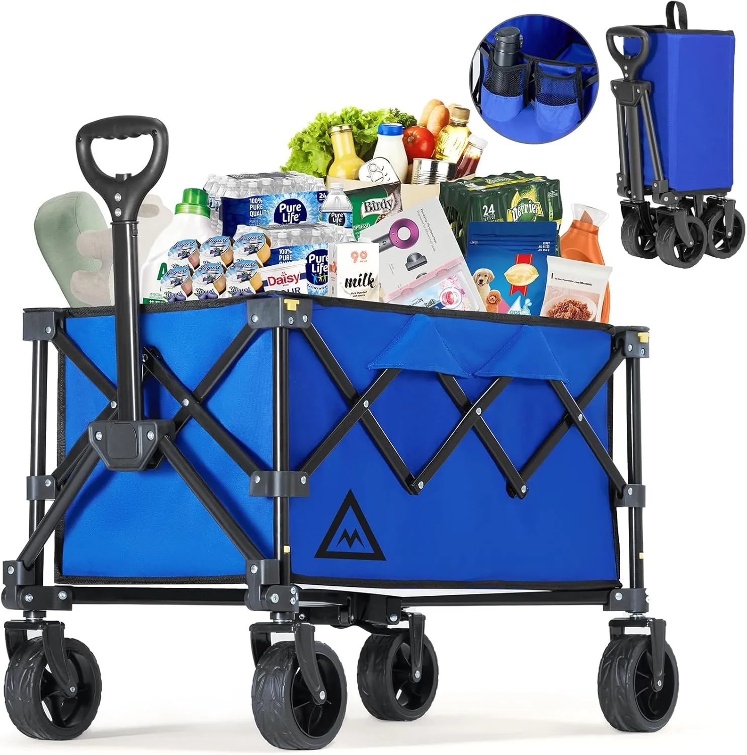 Wagon Cart Shopping Foldable Folding Collapsible with Wheels Big On Beach Garden Outdoor Grocery Heavy Duty Utility All Terrain Portable Wagons Carts for Groceries Sand Camping Sports Blue
