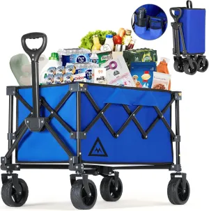 Wagon Cart Shopping Foldable Folding Collapsible with Wheels Big On Beach Garden Outdoor Grocery Heavy Duty Utility All Terrain Portable Wagons Carts for Groceries Sand Camping Sports Blue