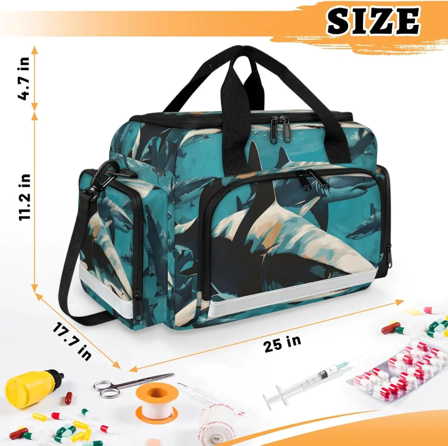 Waterproof Tactical Duffle Bag 25" Carry On Bag for EMT Tear-Resistant Gym Bag with Multi-Pocket & OSHA Reflective Travel Bags for Men Women Fiercely Shark