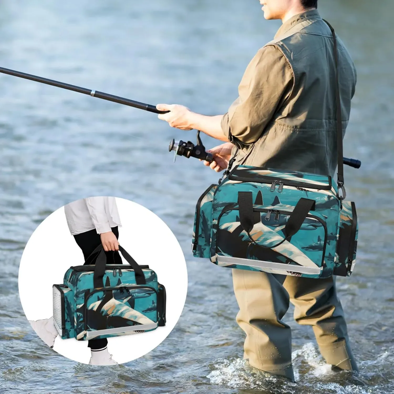Waterproof Tactical Duffle Bag 25" Carry On Bag for EMT Tear-Resistant Gym Bag with Multi-Pocket & OSHA Reflective Travel Bags for Men Women Fiercely Shark