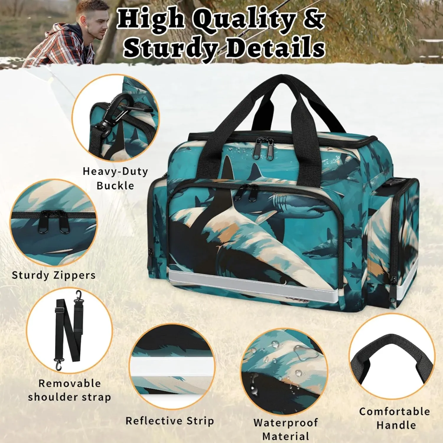 Waterproof Tactical Duffle Bag 25" Carry On Bag for EMT Tear-Resistant Gym Bag with Multi-Pocket & OSHA Reflective Travel Bags for Men Women Fiercely Shark