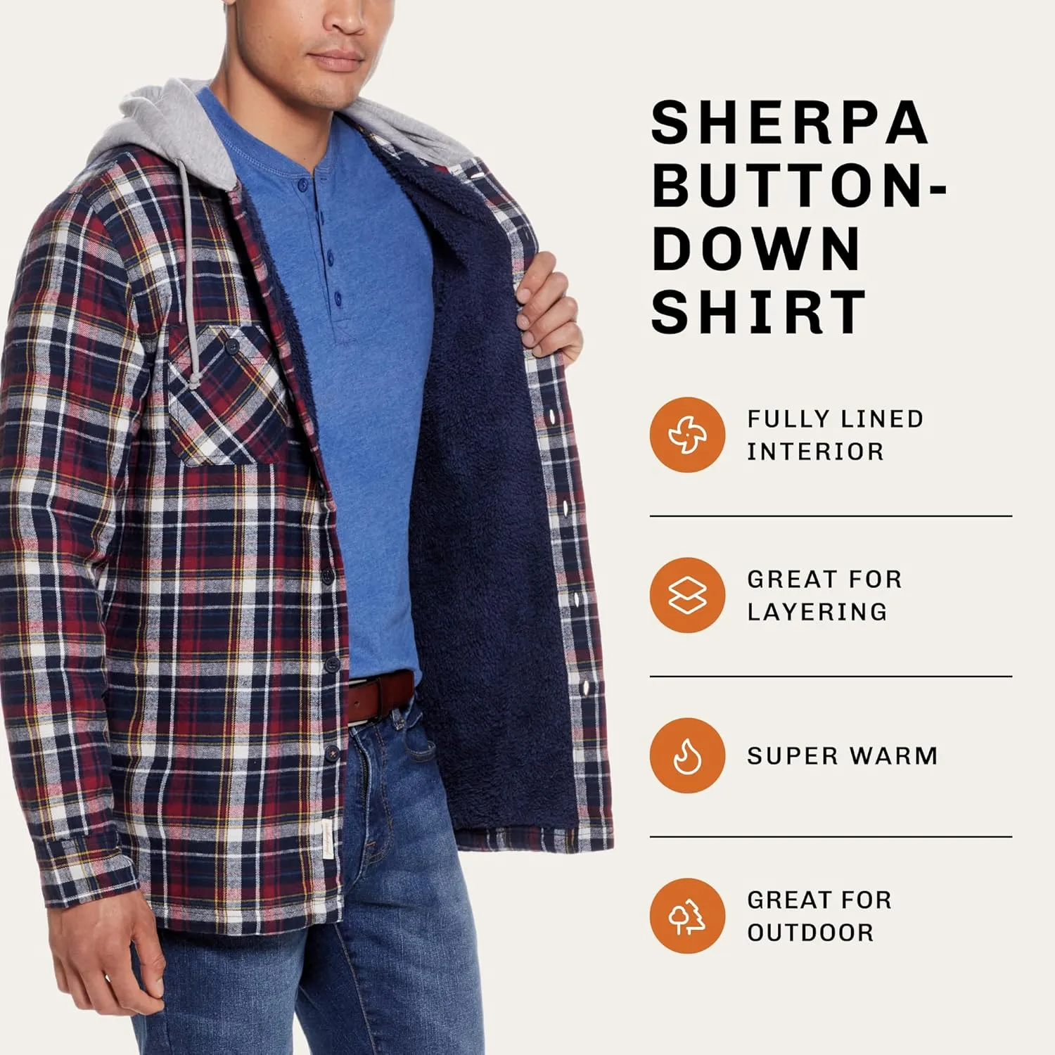 Weatherproof Vintage Mens Hooded and Non-Hooded Sherpa Lined Soft Brushed Plaid Flannel Button-Down Shirt Jacket