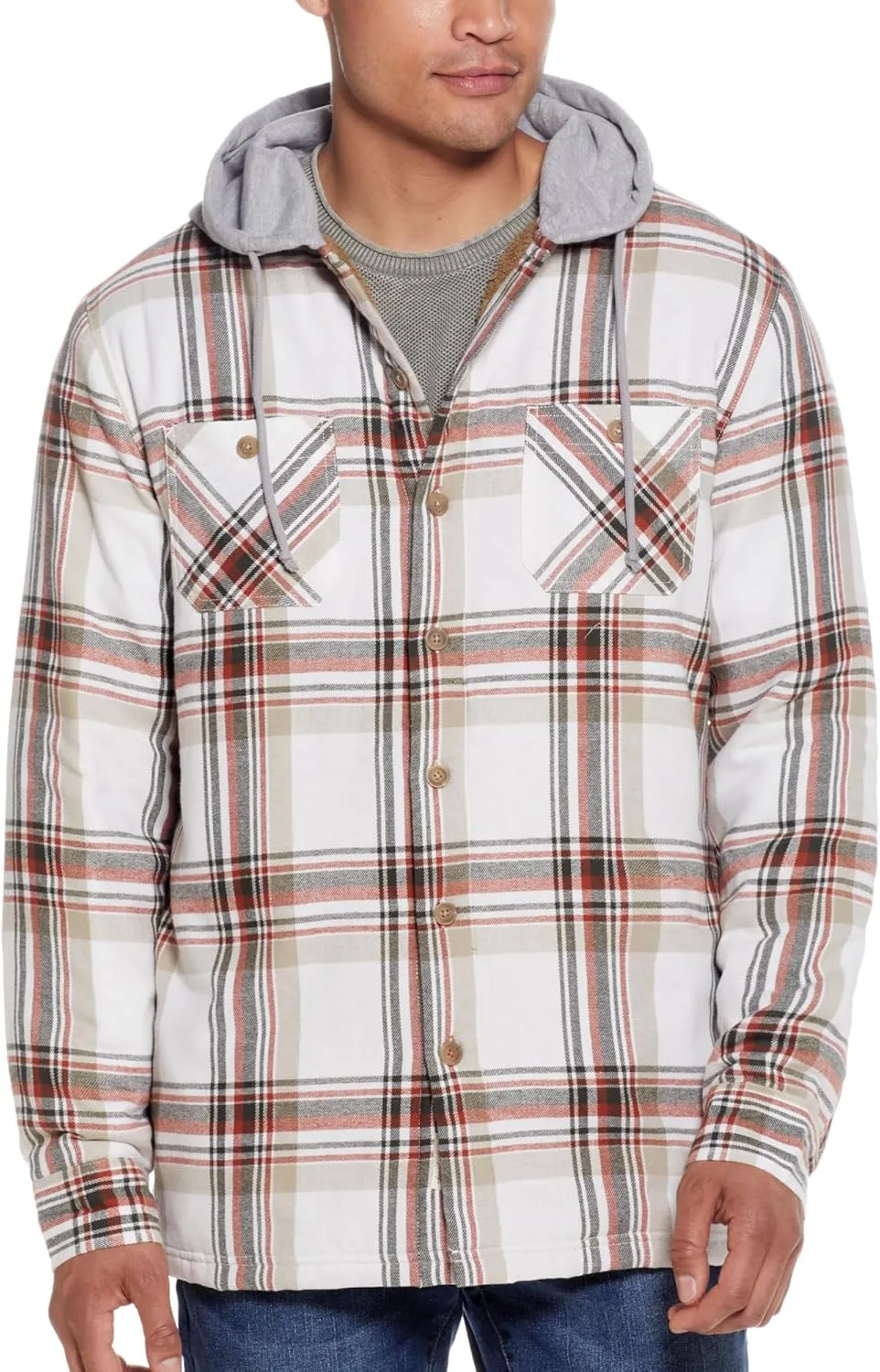 Weatherproof Vintage Mens Hooded and Non-Hooded Sherpa Lined Soft Brushed Plaid Flannel Button-Down Shirt Jacket