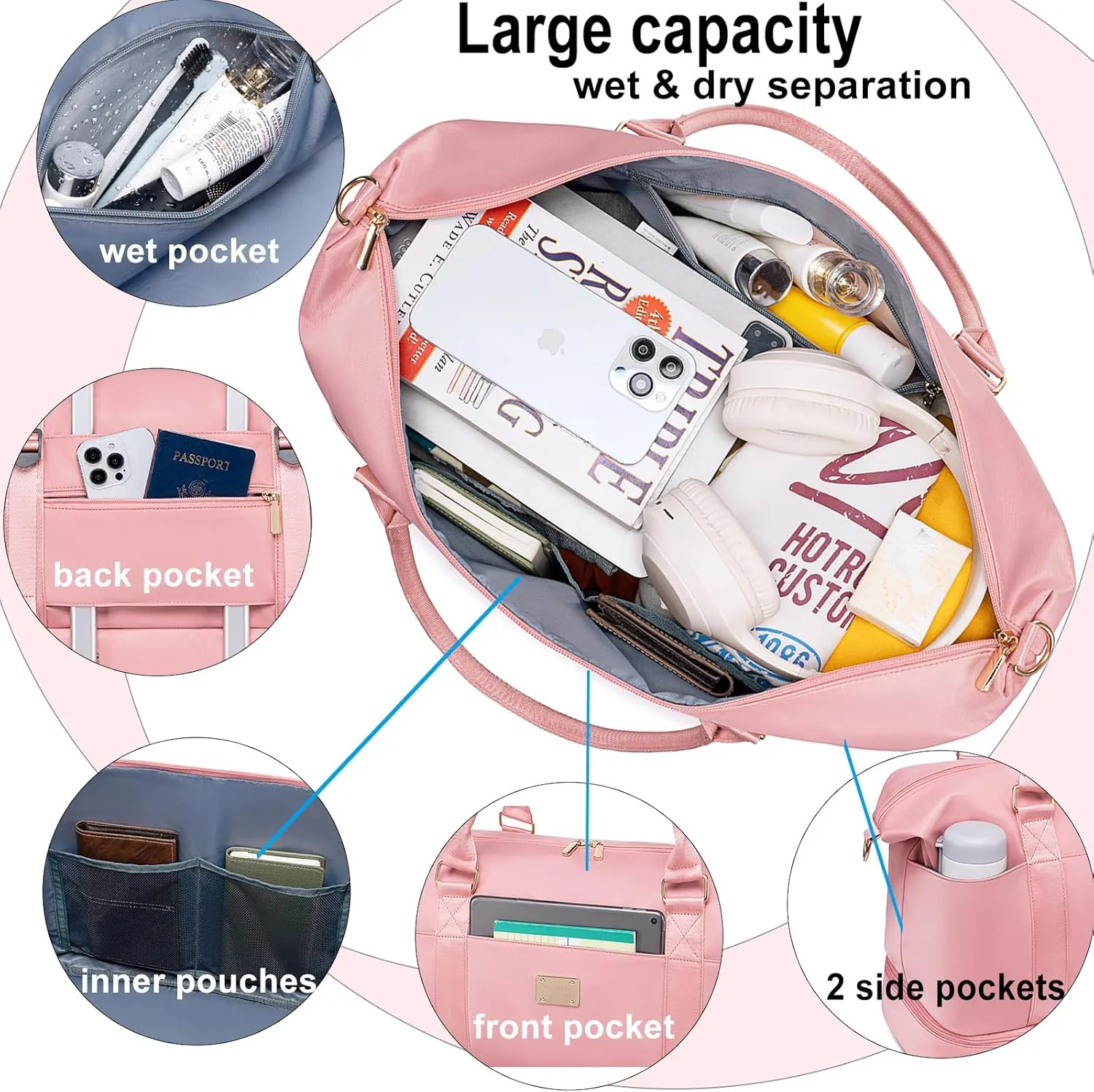 weiatas Travel Duffel Bag Weekender Overnight Bag for Women with Shoe Compartment, Sport Gym Bag with Yoga Mat Strap & Wet Pocket, Travel Carry On Tote with Luggage Strap (Pink)